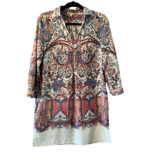 Joan Vass Paisley V-Neck Collared Tunic Top or Dress- Medium